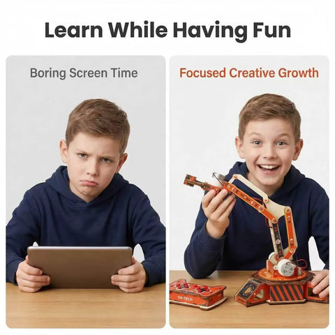 Remote Control Robot Arm Kit For Kids Build Your Own Mechanical Arm With 360 Degree Rotating Gripper Hands On STEM Toy For Learning And Creative Engineering Fun, boy holding assembled wooden arm