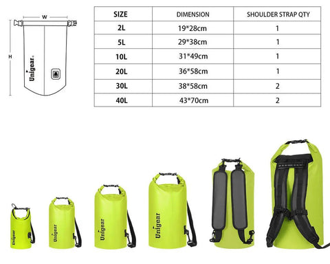 Floating Waterproof Dry Bag 2L For Kayaking Boating Fishing Swimming And Camping Go To Gear Lightweight 500D PVC in yellow with size chart