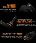 Heavy Duty Mini Turbo Angle Grinder Kit With 50 Millimeter Tungsten Cutters showing tungsten carbide teeth, compatible with mini power tools.