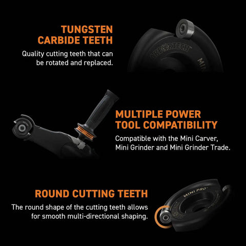 Heavy Duty Mini Turbo Angle Grinder Kit With 50 Millimeter Tungsten Cutters showing tungsten carbide teeth, compatible with mini power tools.