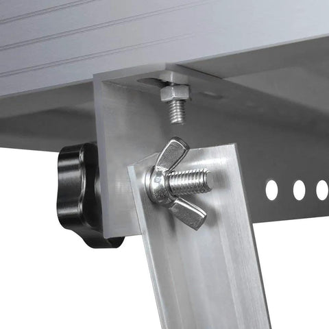 Close-up of 28 Inch Adjustable Solar Panel Mount Brackets With Foldable Tilt Legs showing stainless steel fasteners.