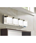 Alberson 4 Light Brushed Nickel LED Bath Bar Light Modern Vanity Fixture installed in a contemporary bathroom setting.