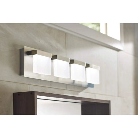 Alberson 4 Light Brushed Nickel LED Bath Bar Light Modern Vanity Fixture installed in a contemporary bathroom setting.