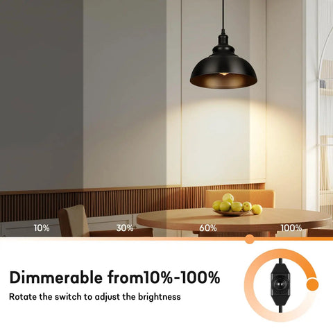 Black Pendant Light With Plug In Cord And Dimmable Dimmer Switch Industrial Hanging Kitchen Island Fixture 16 Feet Cord Easy Install Modern Industrial Lighting illuminating a dining table with brightness adjustment.