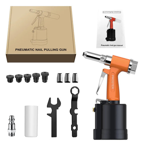 Heavy Duty Pneumatic Rivet Gun Is A Powerhouse Beast With 3924Lbf Pull Force and five nosepieces in kit.