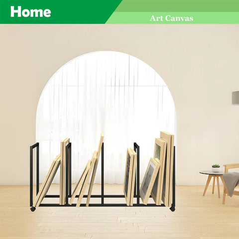 Heavy Duty Cardboard Box Organizer Rack For Shipping And Packing Station, displaying art canvases in a room.