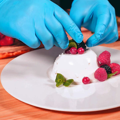 No Sweat Blue Nitrile Exam Gloves Case Of One Thousand Large Size Packs latex free powder free formulation used for food plating.