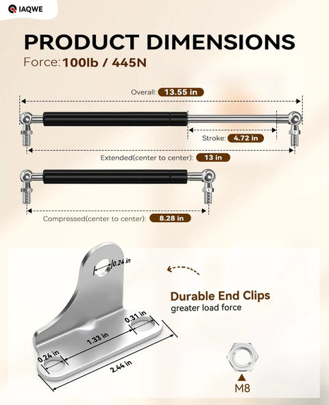 Diagram showing dimensions of 13 Inch 100 Lb Gas Struts For Heavy Duty Cabinet Doors With Brackets Pro DIY Install Kit