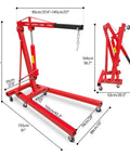 Heavy Duty Folding Hydraulic Engine Hoist With Six Rugged Iron Caster Wheels For Garage Workshop And Adjustable Two Ton Capacity dimensions diagram.