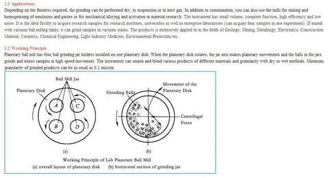 Diagram showing the working principle of lab planetary ball mill with rotating disks and grinding balls, part of PBM-V-20L system.