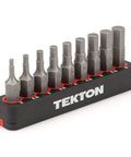 One Quarter Inch Hex Bit Set With Rail, Nine Piece Extra Long 30 mm Bits, S2 Steel, Corrosion Resistant, For Recessed Fasteners, Easy Access In Tight Spots, Durable Bit Rail With Magnetic Holder, Pro Grade For DIY And Pros displayed on a black rail.