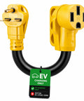 Rock Solid Nema 6-30P To 14-50R Ev Charger Adapter With 24 Amp Max showcasing yellow connectors and charging tag.