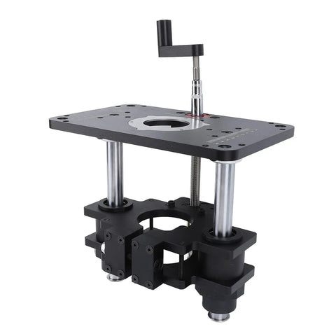 Rock Solid Router Lifting System With Quick Turn Crank And Tight Micro Tweaks For Woodworking Router Tables with steel mounting plate.