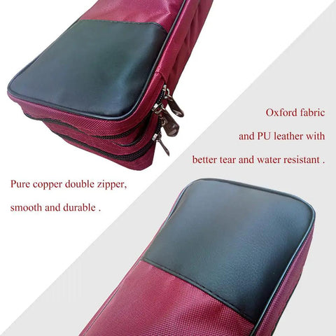 Close-up of Waterproof Kung Fu Tai Chi Sword Case with Oxford fabric, PU leather trim, and copper double zippers.
