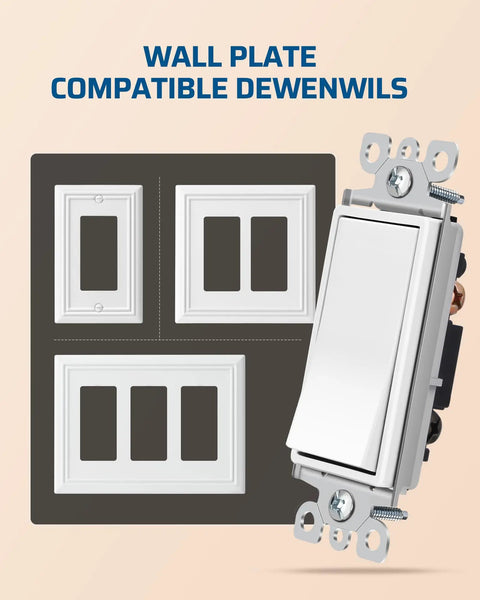 Smooth Paddle Rocker Light Switch For Single Pole On Off Control with wall plates, Bulk 20 Pack