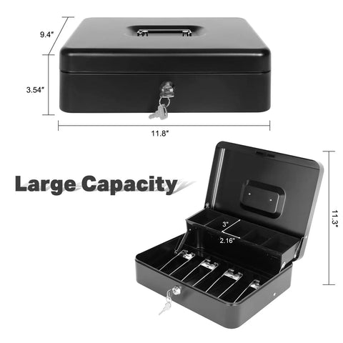 Lockable Cash Box With Money Tray For Cash Register Till, Metal Heavy Duty Safe Box With Coin And Bill Storage, Large Black Metal Cash Box Measures 11.8 By 9.4 By 3.54 Inches, shown open and closed with dimensions.