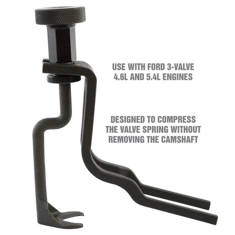 On Vehicle Spring Compressor For Ford 4.6L And 5.4L 3 Valve Modular Engines Great For Quick Valve Spring And Retainer Removal Without Camshaft Removal Not For 2V Or 4V Ford Service Tool, side view showing steel construction and knob handle