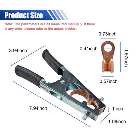 Heavy Duty 500A Copper Welding Ground Clamp Electroplated Ground Clip dimensions with rubber grips and copper components