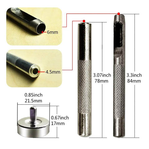 Detailed view of punch and install tool from 300 Set Metal Grommet Kit With Eyelets And Washers, includes dimensions and measurements.