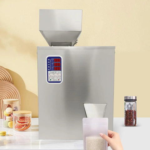 Heavy Duty Automatic Filling Machine For Dry Powder Granules Precision Electronic Weighing Scale For Coffee Beans Rice Seeds Plug And Play Wiring With Zero Stress Operation, stainless steel, digital scale displayed.