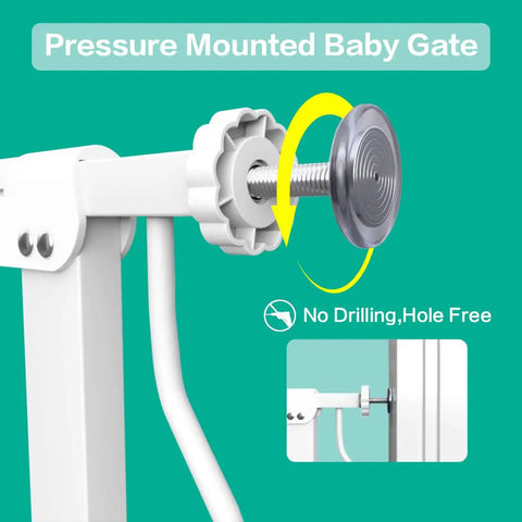 Close-up of Extra Wide Baby Gate For Stairs And Doorways, Pressure Mount Pet Gate, White Metal Indoor Safety Gate showing pressure mount mechanism.