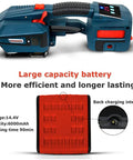 Industrial Heavy Duty Pro Cordless Automatic Electric Strapping Machine Featuring A Beefy 6000Mah Battery And Smooth Heat Weld Build For Pp Pet Packaging Tape with a large capacity battery and interface.