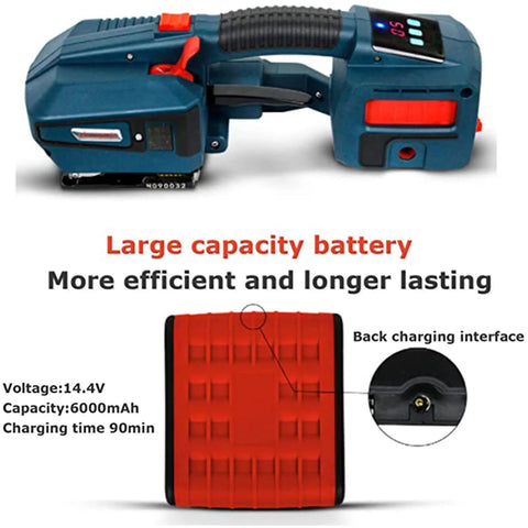 Industrial Heavy Duty Pro Cordless Automatic Electric Strapping Machine Featuring A Beefy 6000Mah Battery And Smooth Heat Weld Build For Pp Pet Packaging Tape with a large capacity battery and interface.
