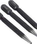 Premium High Carbon Steel Center Punch Set Black Finish Heavy Duty Marking Tools For Alloy Steel Metal Wood Drilling Jigs With Killer Precision And Tough As Nails Construction three punches with 1.5mm, 2.0mm, and 3.0mm tips.