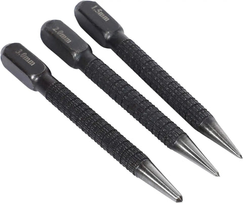 Premium High Carbon Steel Center Punch Set Black Finish Heavy Duty Marking Tools For Alloy Steel Metal Wood Drilling Jigs With Killer Precision And Tough As Nails Construction three punches with 1.5mm, 2.0mm, and 3.0mm tips.