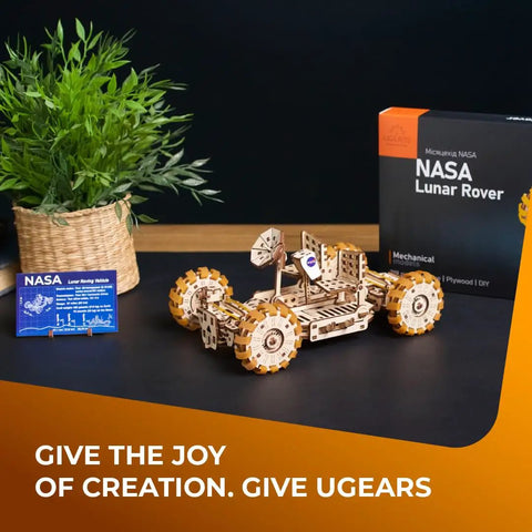 NASA Lunar Rover Wood Model Kit For Adults And Teens, 3D Mechanical Puzzle You Can Build, Space Gift That Is Dope, Detailed Moon Buggy DIY Craft Set, STEM Favorite For Collectors And Space Enthusiasts. Wooden lunar rover model with box and info card