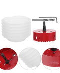 Bi Metal Hole Saw Kit For Four And A Quarter Inch with drill bit and dust cover, detailed view of red cutting teeth and accessories.