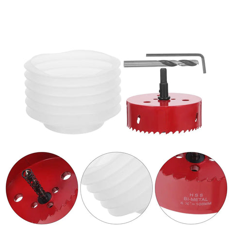 Bi Metal Hole Saw Kit For Four And A Quarter Inch with drill bit and dust cover, detailed view of red cutting teeth and accessories.
