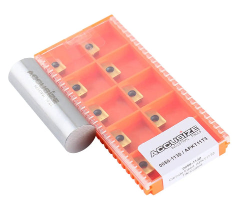 APKT11T3 TiN Coated Carbide Inserts for Steel Machining, 10 Pc Set, ISO APKT113508, visible in packaging next to a metal rod.