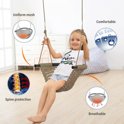 Child on hand knitted toddler swing seat with adjustable ropes, indoor setup, durable polyester, ergonomic safe design, light brown