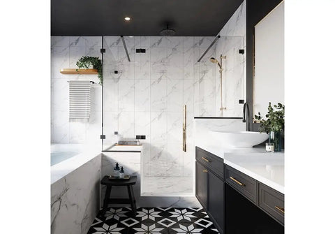Modern bathroom with marble walls, featuring a glass shower using Matte Black Lugano Series Wall Mount Outswing Hinge for Right Hand Glass Door.