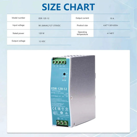 12V 120W DIN Rail Power Supply 10A Industrial PSU For PLCs, Sensors, And IO Modules, Rail-Mounted DC Power Unit With Global Input 90-264VAC And Wide 127-370V Range, EDR-120-12 size chart