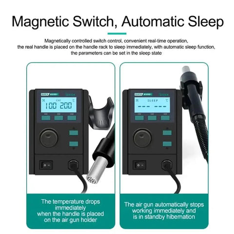 580W Digital Vortex Hot Air Rework Station With LCD Display showing automatic sleep feature for precise desoldering and soldering