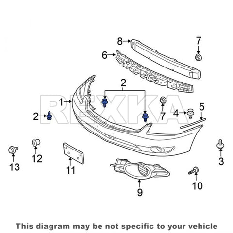 Exploded diagram of car bumper with 30 Piece Fender Liner Push Type Retainer Clips Set MU488006 For Mitsubishi models