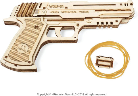 Wolf 01 Handgun 3D Puzzle Rubber Band Gun Mechanical Model Kit For DIY Wood Build, with bands