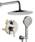 Brushed Nickel Shower Faucet Set Complete Shower System With 6 Inch Rain Shower Head Handheld Spray And High Pressure Rough In Valve Body