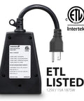 Back view of Outdoor Dual Timer Outlet Waterproof 24 Hour Mechanical Light Timer showing ETL certification and grounded plug.