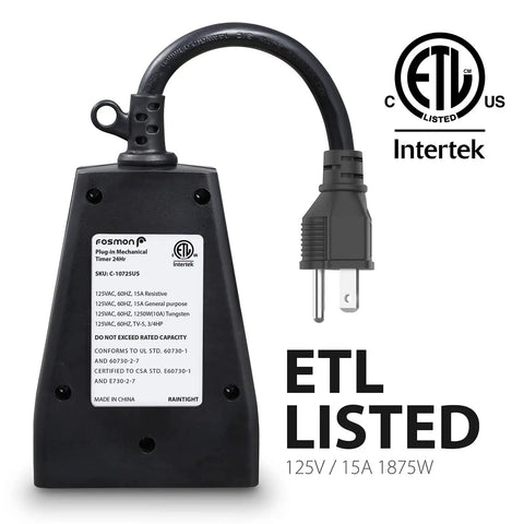 Back view of Outdoor Dual Timer Outlet Waterproof 24 Hour Mechanical Light Timer showing ETL certification and grounded plug.