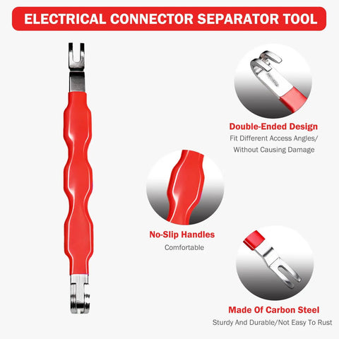 Five Piece Electrical Disconnect Pliers Set for Cars Trucks and SUVs showing red connector separator with no-slip handles.