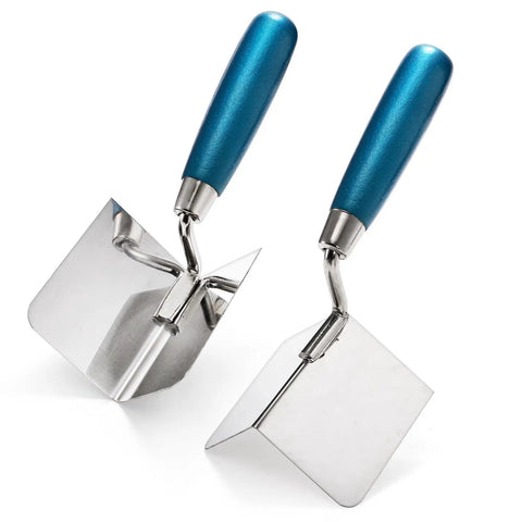Two Piece Drywall Corner Tool Set With 90 Degree External And Internal Corner Trowels Stainless Steel Finish For Effortless Plastering And Bricklaying Corners In Tight Spaces Built Tough For Easy Use Pro Grade Durability with blue handles