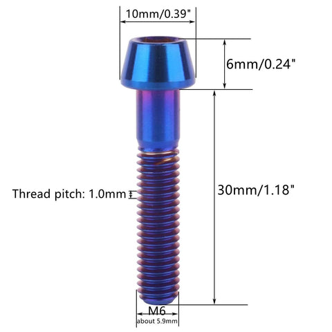Beefed Up Titanium Bolt Set M6 Hex Allen Screws Burnt Blue Finish 4 Pack With Multiple Lengths 10 16 20 25 30 35mm Ti6Al4V Grade 5 Titanium Alloy Tapered For Aerospace RC Cars Motors And Mechanical Projects, showing a 30mm bolt with measurements.