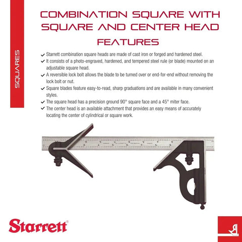 Beefy Pro Grade Steel Combination Square with Square Head and Center Head, 12 Inch Blade shown on features description background