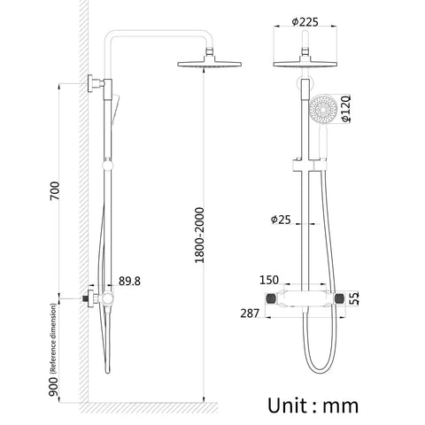 Diagram of UMJIGF 10 Inch Shower System Brushed Gold Shower Faucet Set Wall Mounted Brass Shower Combo Set with dimensions.