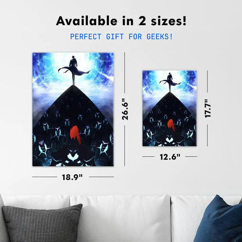 Badass Solo Leveling Metal Wall Art Poster And Dope Anime Collector Print, 12.6in and 26.6in sizes, displaying vivid anime graphics.