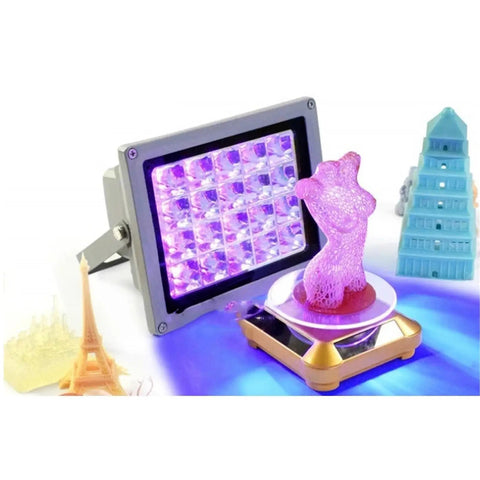 Heavy Duty UV Curing Lamp With 365Nm 395Nm And 405Nm Bands illuminating pink resin figure with various small sculptures.