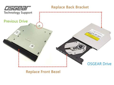 Slim 9.5mm SATA DVDRW Drive for Laptops and Notebooks, 8x DVD, 24x CD Read Write, Tray Loading Internal Optical Burner, Low Profile, PC Desktop Compatible, Dope Upgrade for Old Notebooks, showing bezel and bracket replacement
